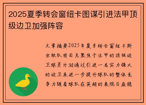 2025夏季转会窗纽卡图谋引进法甲顶级边卫加强阵容